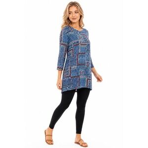 J Jill Patchwork Tunic Top M Blue Geometric Boho Flowy Lightweight 3/4 Sleeve